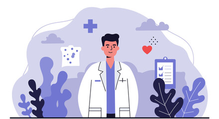 a doctor standing in front of medical symbols and plants, with a cloud-filled sky in the background. Suitable for landing page, banner, marketing, web design, presentation, infographic, etc.