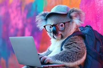 In a studio photo portrait, a happy koala is shown wearing hipster clothes and using a laptop, symbolizing the concept of casual attire and animal portrait, created with the help of stock technology