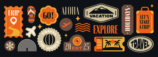 Travel stickers set. Vintage y2k patches or badges with airplane, mountains, beach palm trees and suitcase. Tourism, vacation and journey. Flat vector illustration collection isolated on background