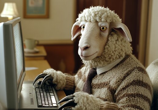 The image of a sheep at the office wearing a business suit is a product of generative AI