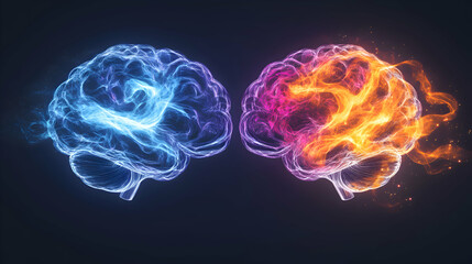 Fototapeta premium A striking 3D-rendered image of two colorful brain halves, each floating separately but connected by glowing neural pathways