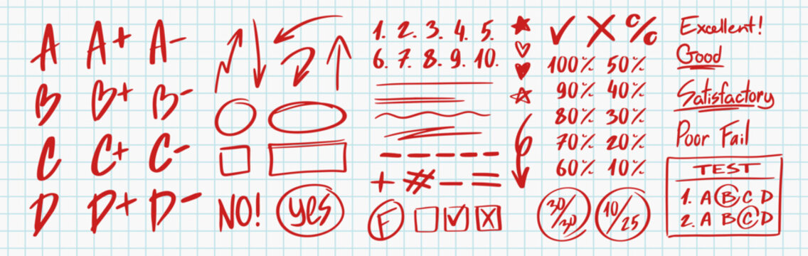 English test red pen mark. Doodle outline icons with American exam grades with letters, check marks, crosses and numbers. Hand drawn vector illustration collection isolated on background