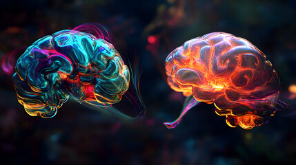 Obraz premium A striking 3D-rendered image of two colorful brain halves, each floating separately but connected by glowing neural pathways