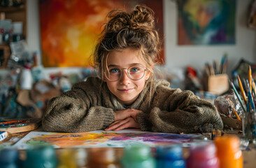 Happy young girl with glasses draws using pencil. Cute little child with autism spectrum disorder ASD smiles. Kid plays, learns in kindergarten, preschool. Education, therapy, support, awareness,