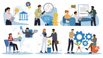 Set of business activity scenes. Entrepreneurs and office workers make deals, invest money, manage financial risks and analyze statistics. Flat vector illustration collection isolated on background