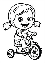 Happy cartoon girl riding a tricycle with pigtails and a big smile