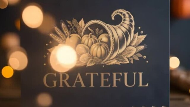 A festive animated close up of an elegant thanksgiving card the word grateful in gold lettering