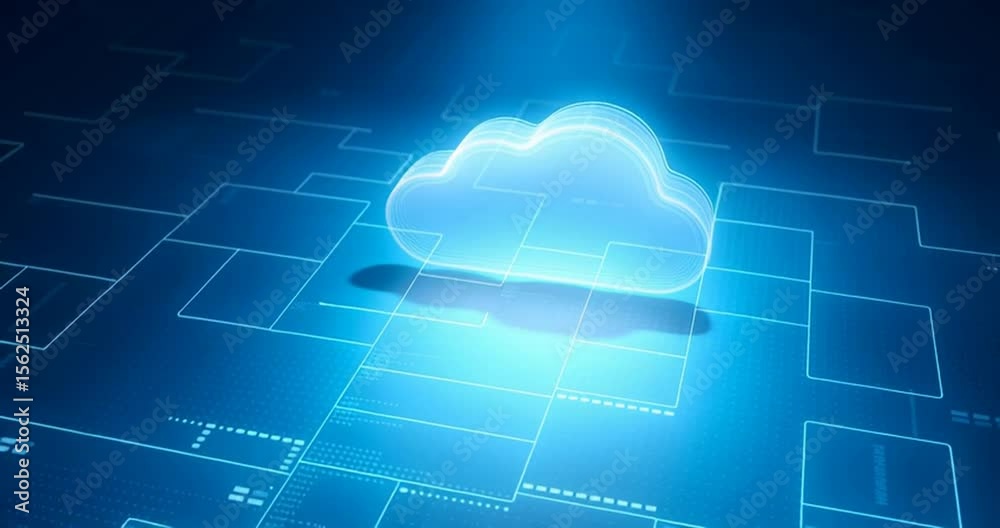 Poster cloud technology background with a glowing digital cloud icon on a blue, abstract futuristic tech a 