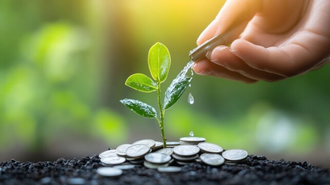 Young plant watered on coins