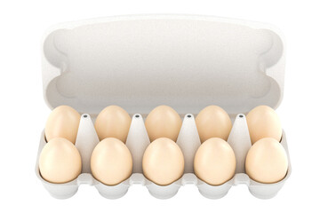 Egg carton containing with ten brown eggs. 3D rendering isolated on transparent background