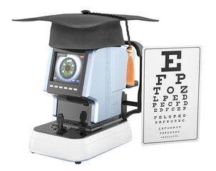 Optometry education or training optometrist. Automatic refractometer with graduation cap and eye examination chart. 3D rendering isolated on transparent background