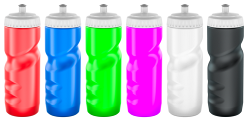 Colorful sports water bottles set. 3D rendering isolated on transparent background