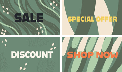 Set of abstract green autumn backgrounds with hand-drawn elements. Calm natural colors. Great for eco promotions, seasonal ads, banners, posters, and digital templates.