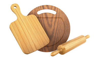 Wooden cutting boards different shapes and a classic wooden rolling pin. 3D rendering isolated on...