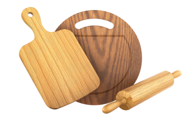 Wooden cutting boards different shapes and a classic wooden rolling pin. 3D rendering isolated on transparent background