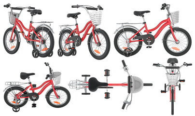 Red kids bicycle with training wheels and basket, from multiple angles. 3D rendering isolated on...