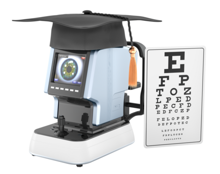 Optometry education or training optometrist. Automatic refractometer with graduation cap and eye examination chart. 3D rendering isolated on transparent background