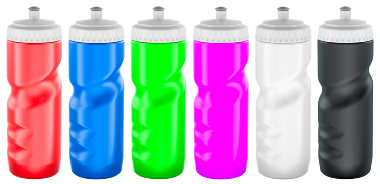 Colorful sports water bottles set. 3D rendering isolated on transparent background