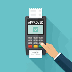 Approved payment terminal pos system transaction successful credit card purchase online shopping concept