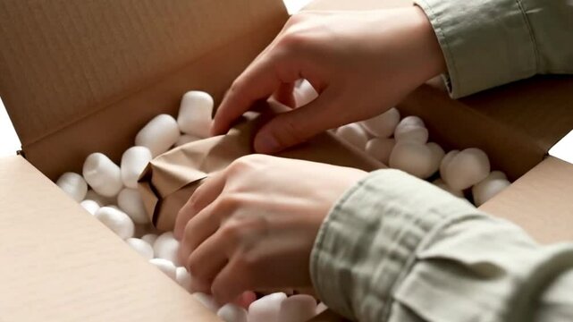 Cardboard box filled with white packing peanuts, ready for secure shipment and delivery
