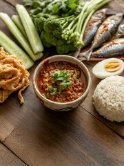 Thaifood, Delicious Thai Meal: Spicy Nam Prik, Grilled Fish, Fresh Vegetables, and Rice