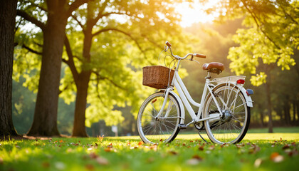 Obraz premium Vintage bicycle with basket parked on grass in sunny park 
