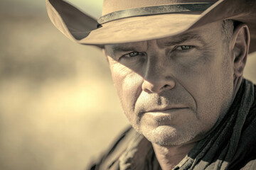 Portrait of a cowboy with hat. Blurry prairie landscape in the background.