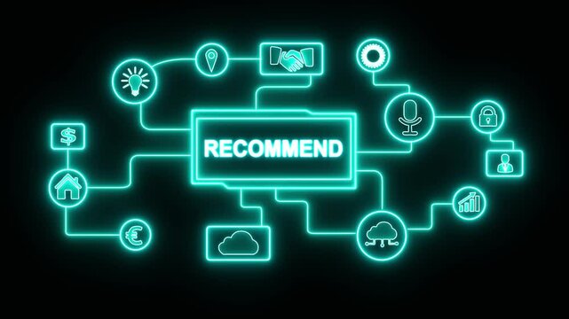 The word Recommendation on the virtual black background with alpha channel. Business, Technology, Internet and network concept. 4k video motion