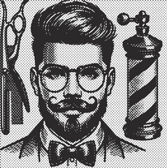 Fototapeta premium Hipster man with mustache in vintage barber attire illustration set, retro style dot halftone effect bundle, stipple engraving ink artwork, beard grooming male portrait vector design