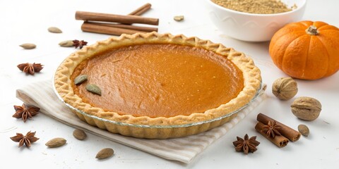 Fototapeta premium Golden Crust Pumpkin Pie Autumnal Still Life Photography, Pumpkin Pie Recipe, Thanksgiving Dessert Pumpkin Pie, Thanksgiving, Autumn