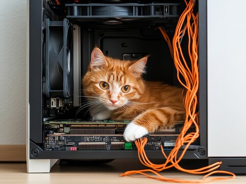 A fluffy ginger cat is found lying inside a computer, surrounded by various wires and the intricate details of its hardware system
