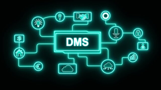 Glowing neon line Document management DMS System Digital rights management. Business, Technology, Internet and networking concept animated. 4k video on black background.