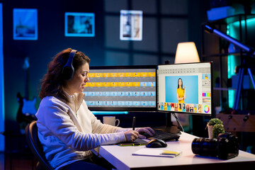 Expert photo editor enhancing images with precision using graphic tablet in home studio, listening music. Professional photographer wearing headphones expertly refining pictures using editing tools