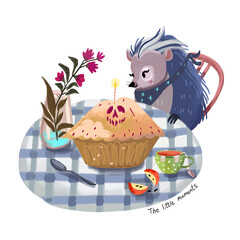 Whimsical Illustration of a Hedgehog Celebrating with a Muffin
