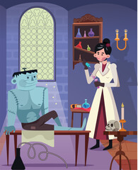 Frankenstein's Monster in Laboratory with Female Scientist Illustration