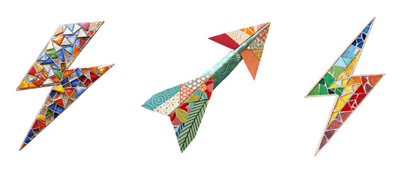 Obraz premium Set of colorful mosaic and patterned lightning and arrow icons in handmade ceramic and origami styles isolated on transparent background in PNG
