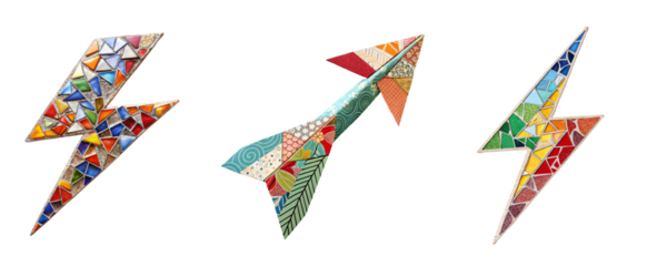 Set of colorful mosaic and patterned lightning and arrow icons in handmade ceramic and origami styles isolated on transparent background in PNG