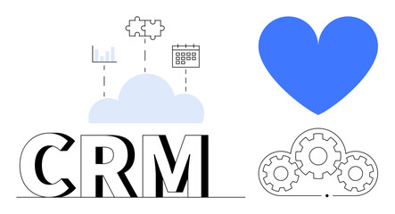 CRM text paired with a cloud, puzzle, calendar, analytics, gears, and heart. Ideal for CRM systems, data analysis, customer support teamwork strategy technology simple landing page