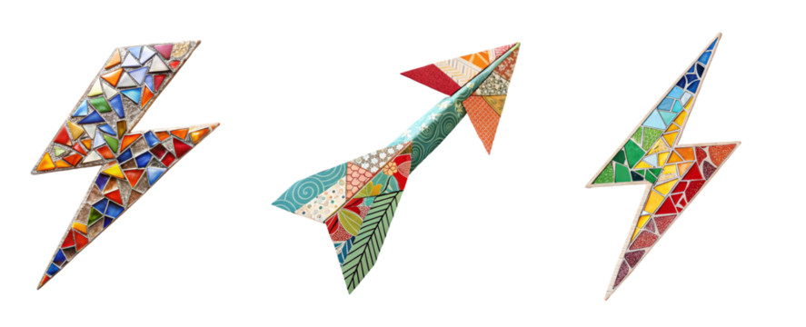 Set of colorful mosaic and patterned lightning and arrow icons in handmade ceramic and origami styles isolated on transparent background in PNG