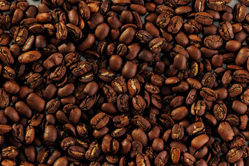 Close-up view of roasted coffee beans, top view