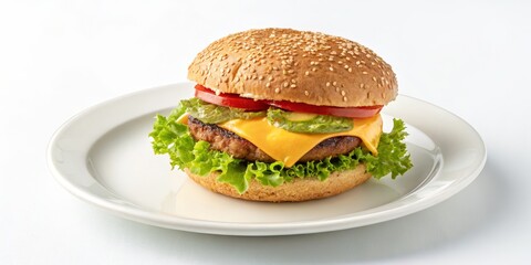 Juicy Cheeseburger on Plate Close-up Studio Shot, Food Photography, Fast Food, Burger, Delicious Fast food, Food photography