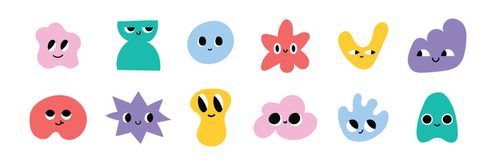 Cute abstract character set with funny faces. Funny colorful blobs with smiling emotions. Playful emoji collection for kids, design, apps, stickers. Vector illustration isolated on white background.