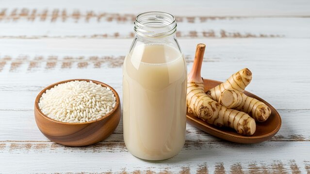 Jamu beras kencur in glass bottle with galangal and rice on rustic wooden table. Traditional Indonesian herbal drink for wellness and energy boost.
