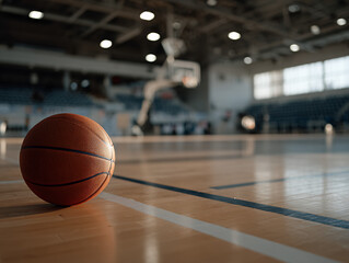A single worn basketball resting on a clean hardwood court, positioned slightly off-center under a moody overhead spotlight