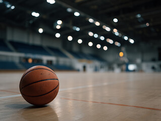 A single worn basketball resting on a clean hardwood court, positioned slightly off-center under a moody overhead spotlight