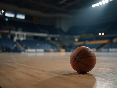 A single worn basketball resting on a clean hardwood court, positioned slightly off-center under a moody overhead spotlight