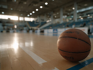 A single worn basketball resting on a clean hardwood court, positioned slightly off-center under a moody overhead spotlight