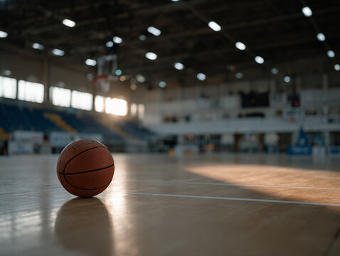 A single worn basketball resting on a clean hardwood court, positioned slightly off-center under a moody overhead spotlight