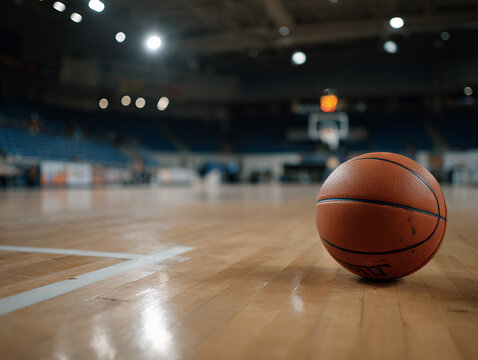A single worn basketball resting on a clean hardwood court, positioned slightly off-center under a moody overhead spotlight