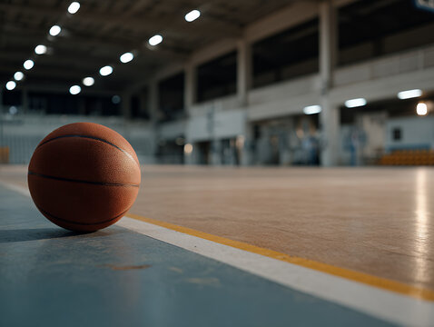 A single worn basketball resting on a clean hardwood court, positioned slightly off-center under a moody overhead spotlight